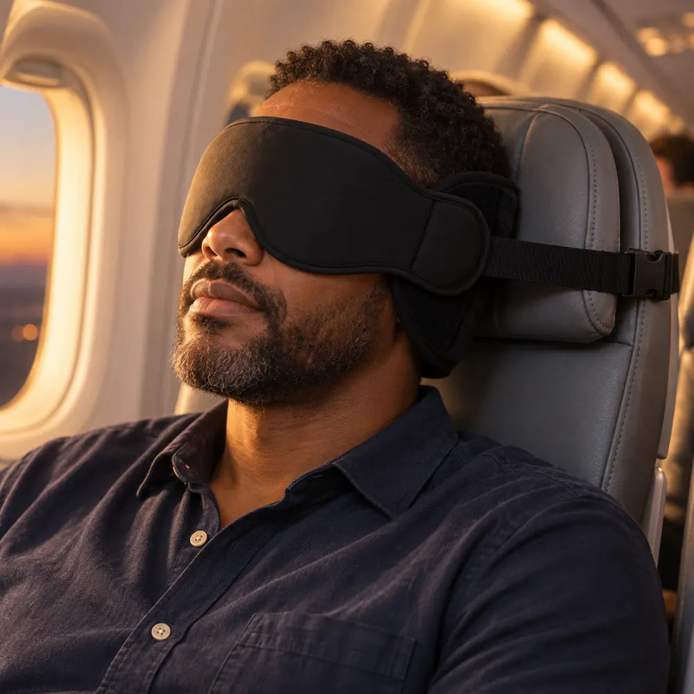 Illustrative traveler wearing Fascera Sleep Pillow during an evening flight