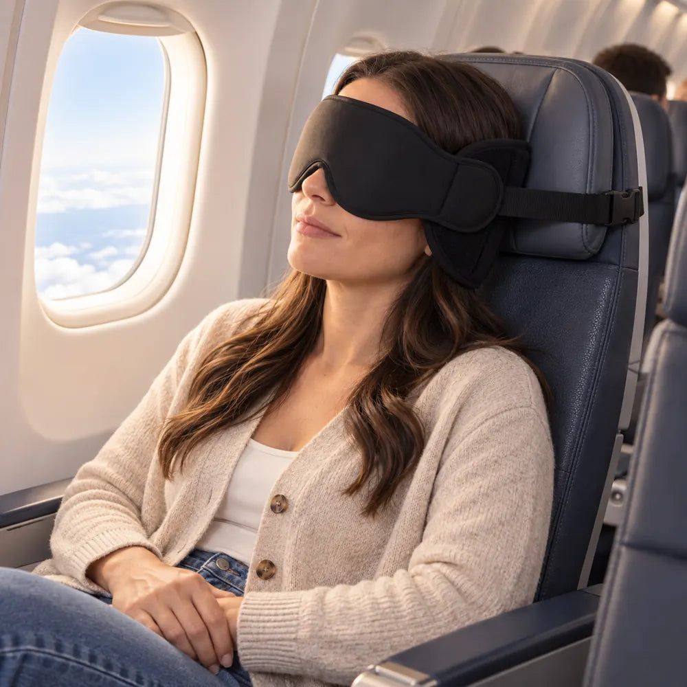 Illustrative traveler resting with Fascera Sleep Pillow in a window seat